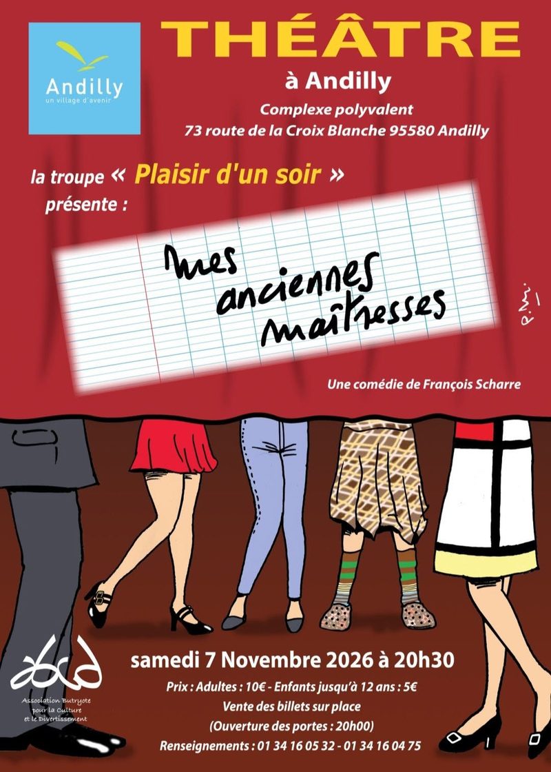 Affiche du spectacle Mes anciennes maîtresses, par la troupe Plaisir d'un soir, le samedi 7 novembre 2026 à Andilly